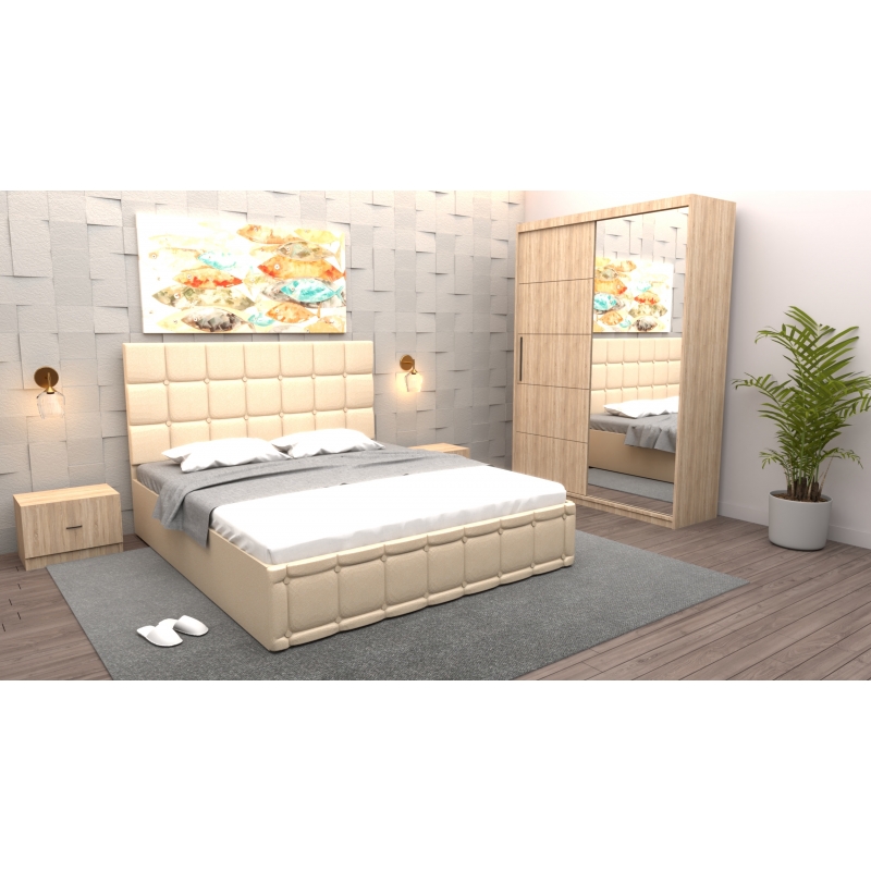 Dormitor Regal cu Pat Tapitat Crem...